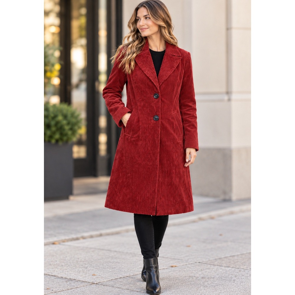 Sam Edelman Rust Red Corduroy Trench Coat Polka Dot Lining Womens Size M